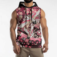 Japanese Hawaiian Crane Sleeveless Hoodie Soft Pink Tapa Patchwork Pattern