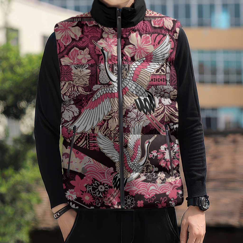 Japanese Hawaiian Crane Sleeveless Puffer Jacket Soft Pink Tapa Patchwork Pattern