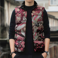 Japanese Hawaiian Crane Sleeveless Puffer Jacket Soft Pink Tapa Patchwork Pattern