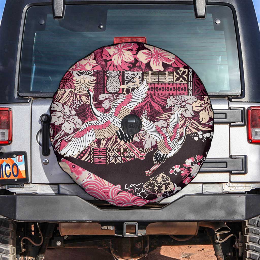 Japanese Hawaiian Crane Spare Tire Cover Soft Pink Tapa Patchwork Pattern