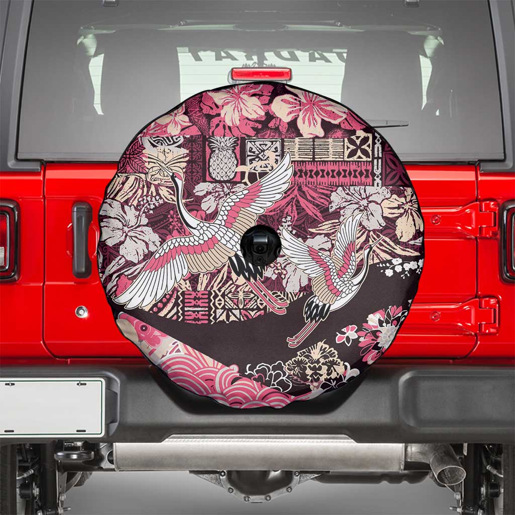Japanese Hawaiian Crane Spare Tire Cover Soft Pink Tapa Patchwork Pattern