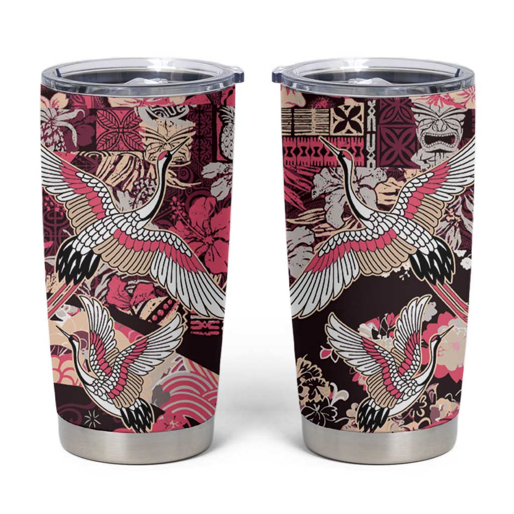 Japanese Hawaiian Crane Tumbler Cup Soft Pink Tapa Patchwork Pattern
