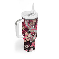 Japanese Hawaiian Crane Tumbler With Handle Soft Pink Tapa Patchwork Pattern