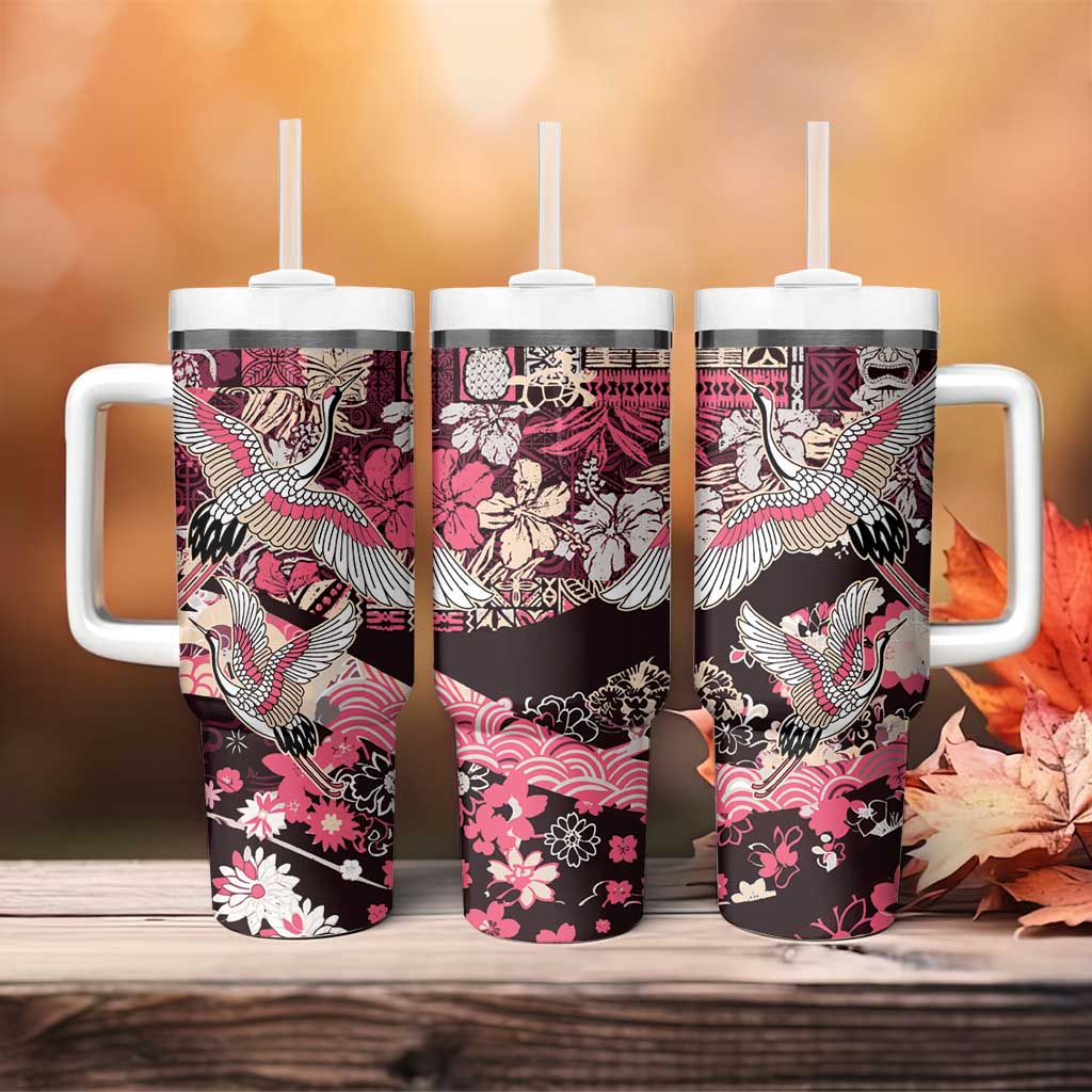 Japanese Hawaiian Crane Tumbler With Handle Soft Pink Tapa Patchwork Pattern