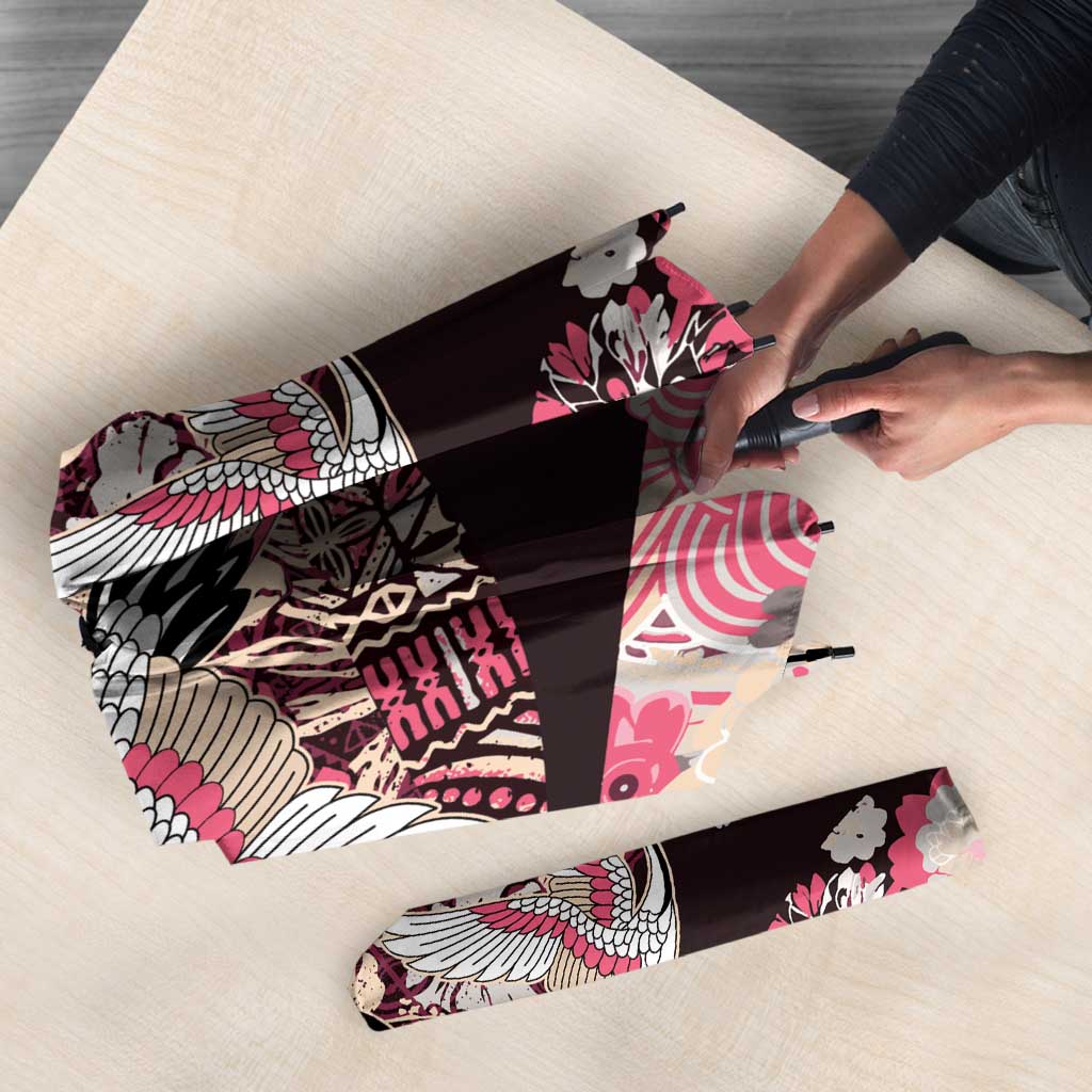 Japanese Hawaiian Crane Umbrella Soft Pink Tapa Patchwork Pattern