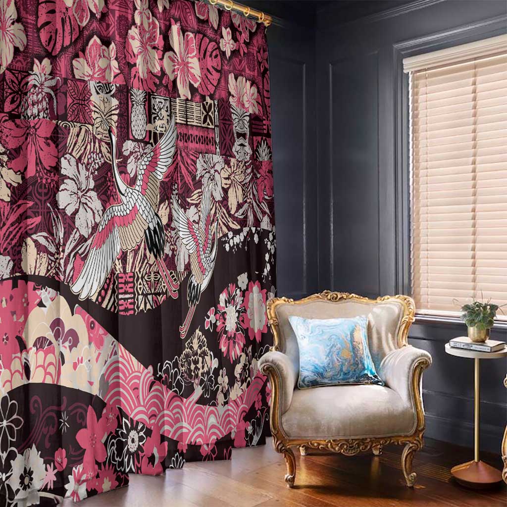 Japanese Hawaiian Crane Window Curtain Soft Pink Tapa Patchwork Pattern