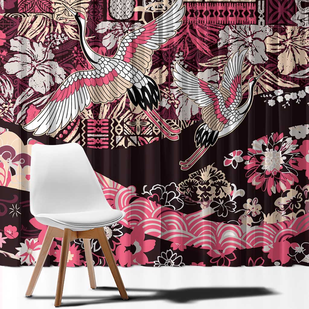 Japanese Hawaiian Crane Window Curtain Soft Pink Tapa Patchwork Pattern