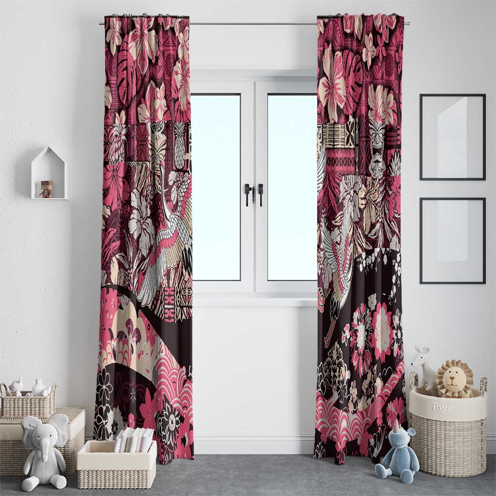 Japanese Hawaiian Crane Window Curtain Soft Pink Tapa Patchwork Pattern