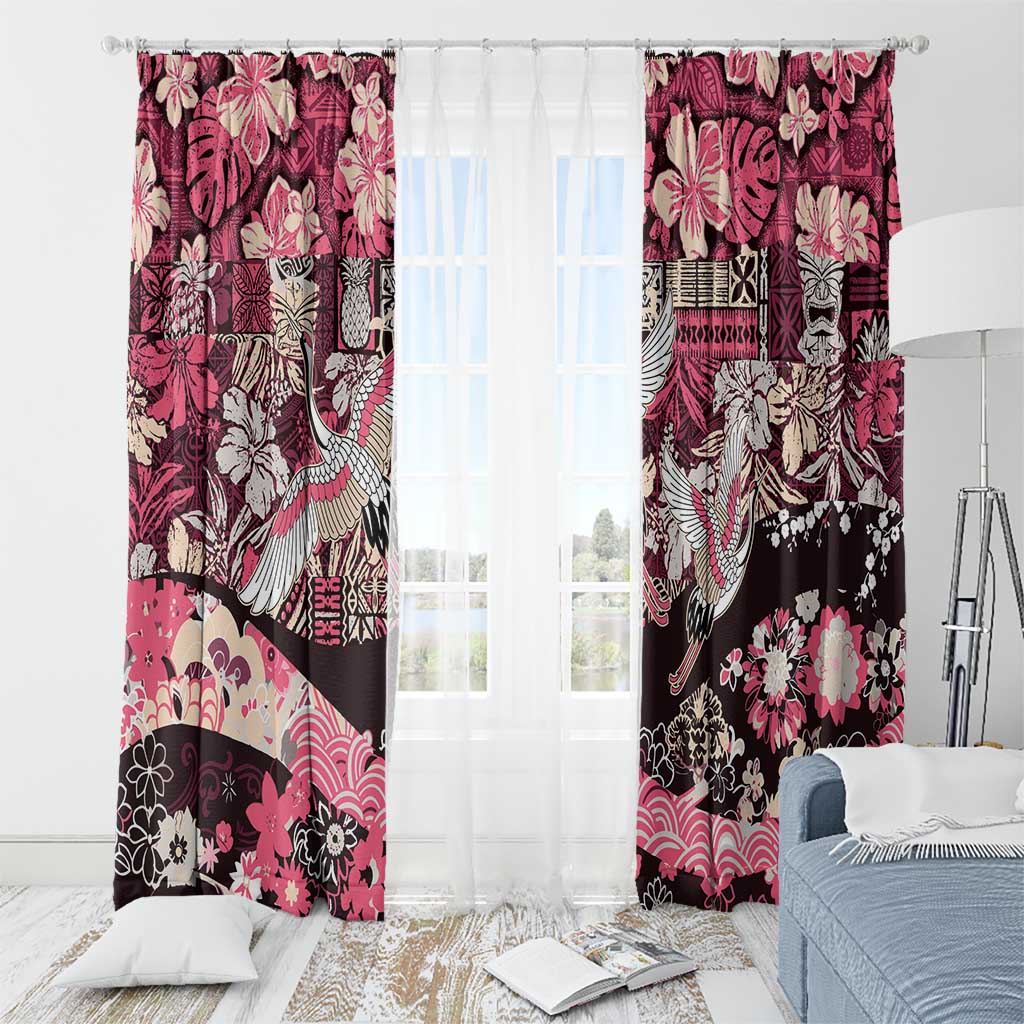 Japanese Hawaiian Crane Window Curtain Soft Pink Tapa Patchwork Pattern