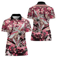 Japanese Hawaiian Crane Women Polo Shirt Soft Pink Tapa Patchwork Pattern