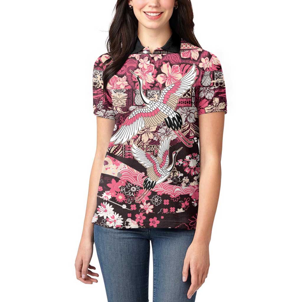Japanese Hawaiian Crane Women Polo Shirt Soft Pink Tapa Patchwork Pattern