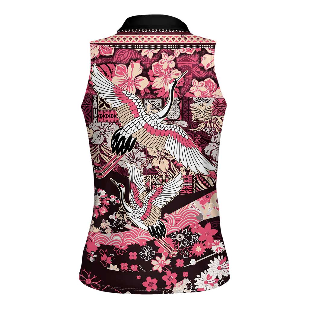 Japanese Hawaiian Crane Women Sleeveless Polo Shirt Soft Pink Tapa Patchwork Pattern