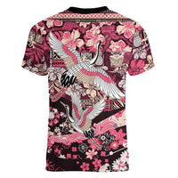 Japanese Hawaiian Crane Women V-Neck T-Shirt Soft Pink Tapa Patchwork Pattern