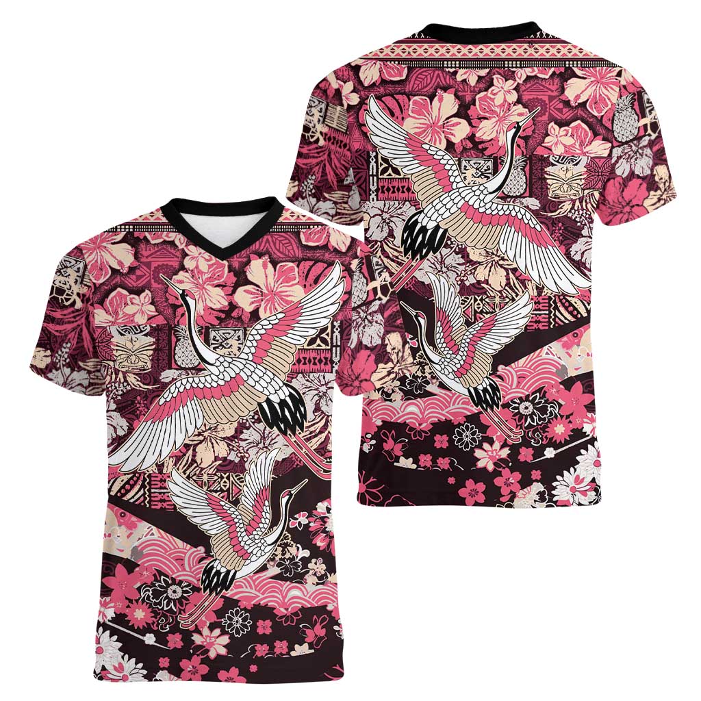 Japanese Hawaiian Crane Women V-Neck T-Shirt Soft Pink Tapa Patchwork Pattern