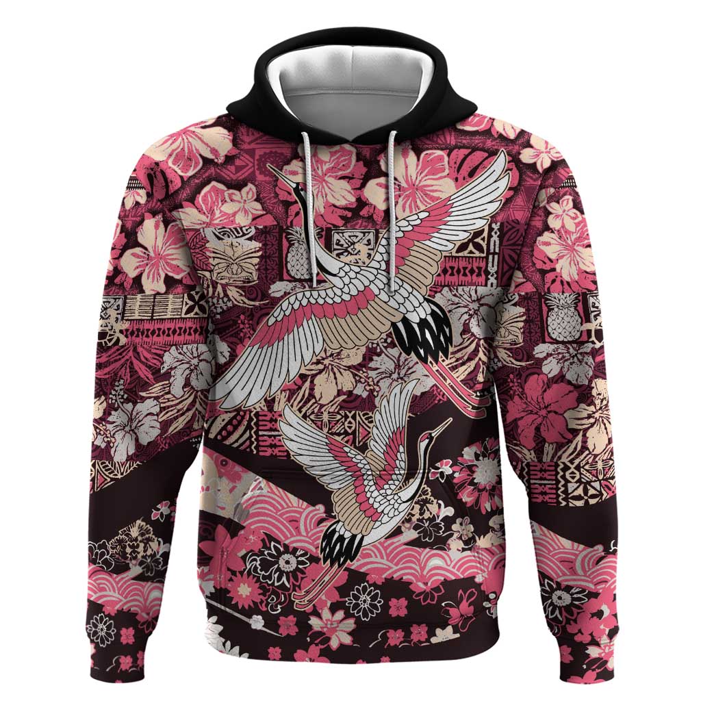 Japanese Hawaiian Crane Zip Hoodie Soft Pink Tapa Patchwork Pattern