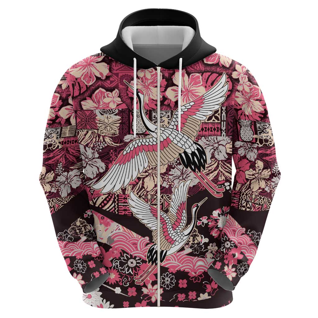 Japanese Hawaiian Crane Zip Hoodie Soft Pink Tapa Patchwork Pattern