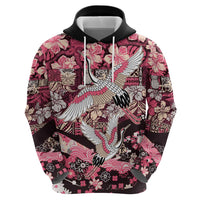 Japanese Hawaiian Crane Zip Hoodie Soft Pink Tapa Patchwork Pattern