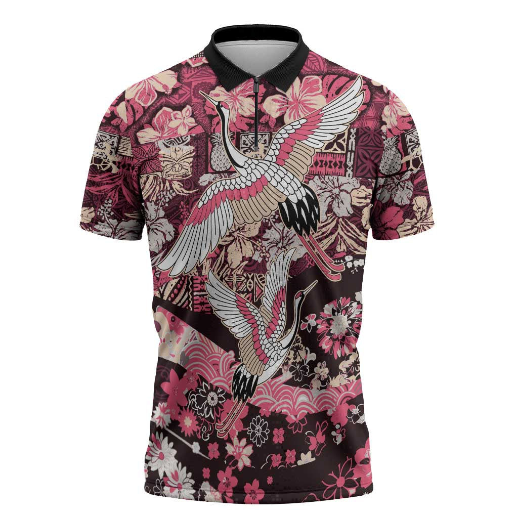 Japanese Hawaiian Crane Zipper Polo Shirt Soft Pink Tapa Patchwork Pattern