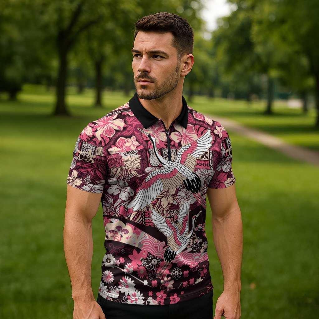 Japanese Hawaiian Crane Zipper Polo Shirt Soft Pink Tapa Patchwork Pattern