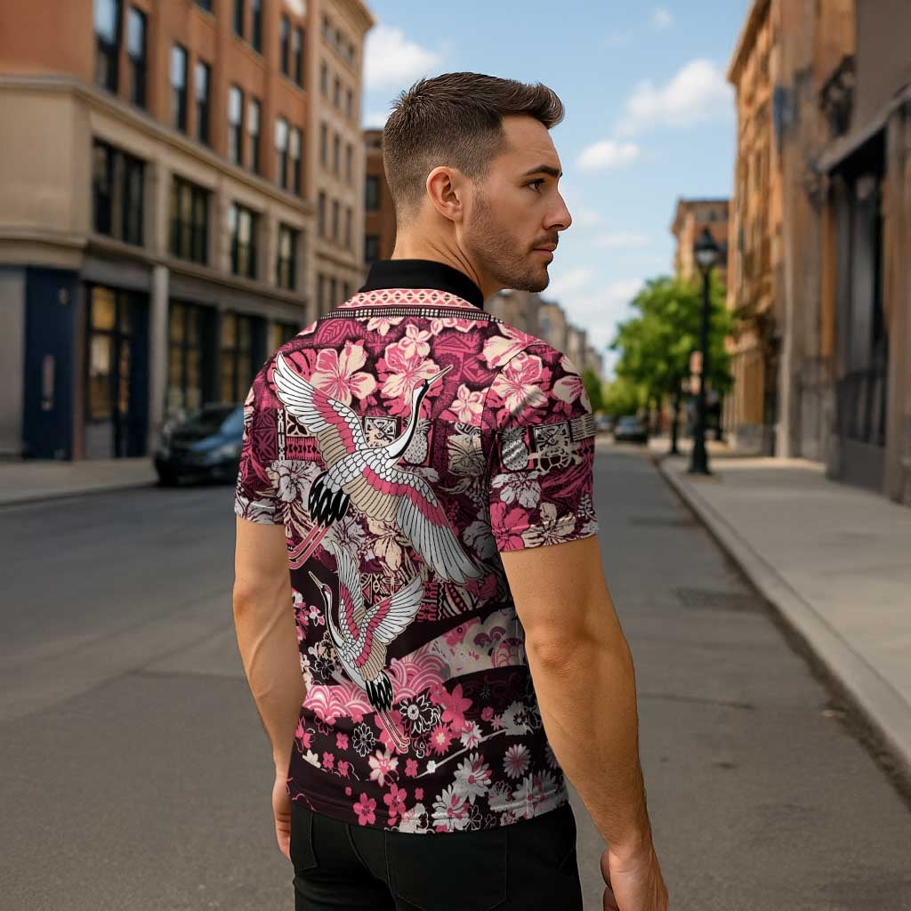 Japanese Hawaiian Crane Zipper Polo Shirt Soft Pink Tapa Patchwork Pattern