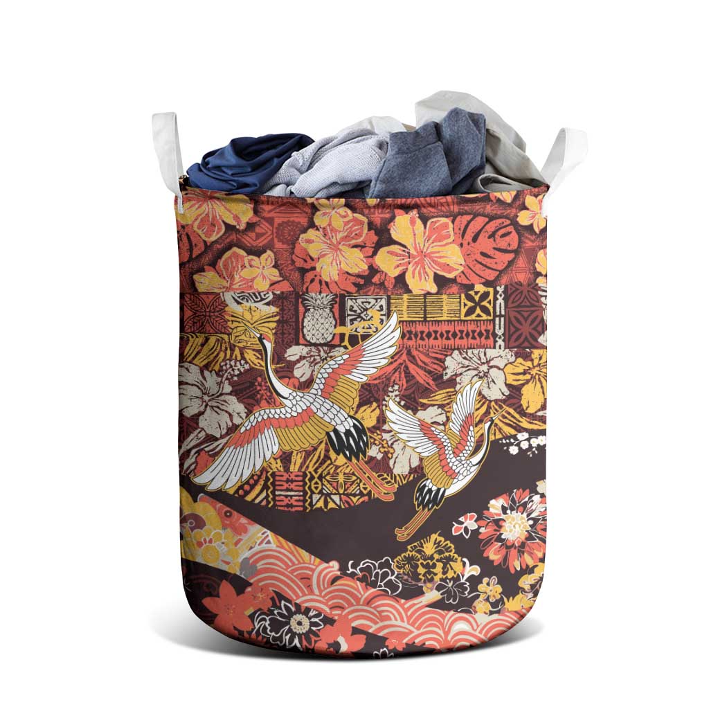 Japanese Hawaiian Crane Laundry Basket Yellow Ochre Tapa Patchwork Pattern