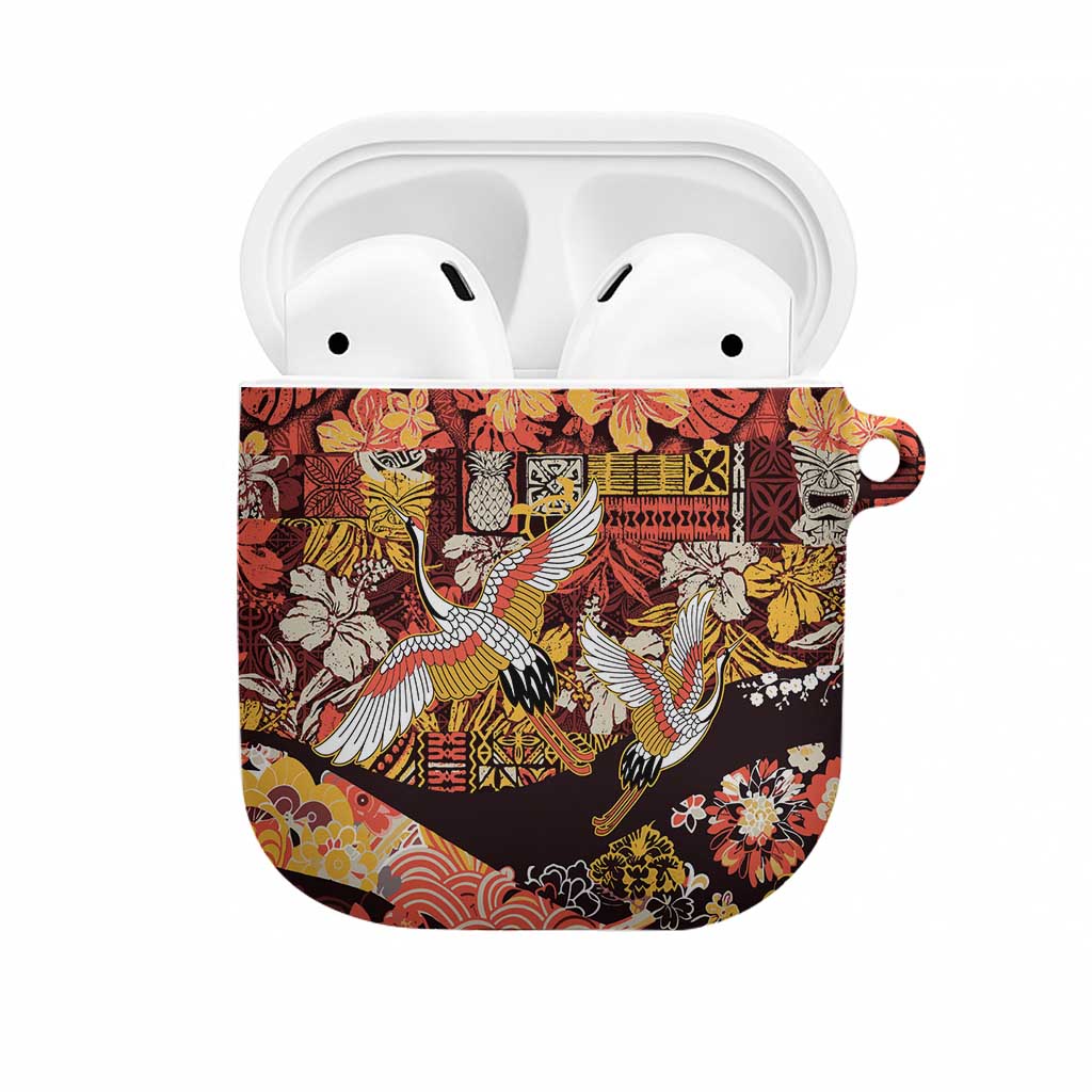 Japanese Hawaiian Crane AirPods Case Yellow Ochre Tapa Patchwork Pattern