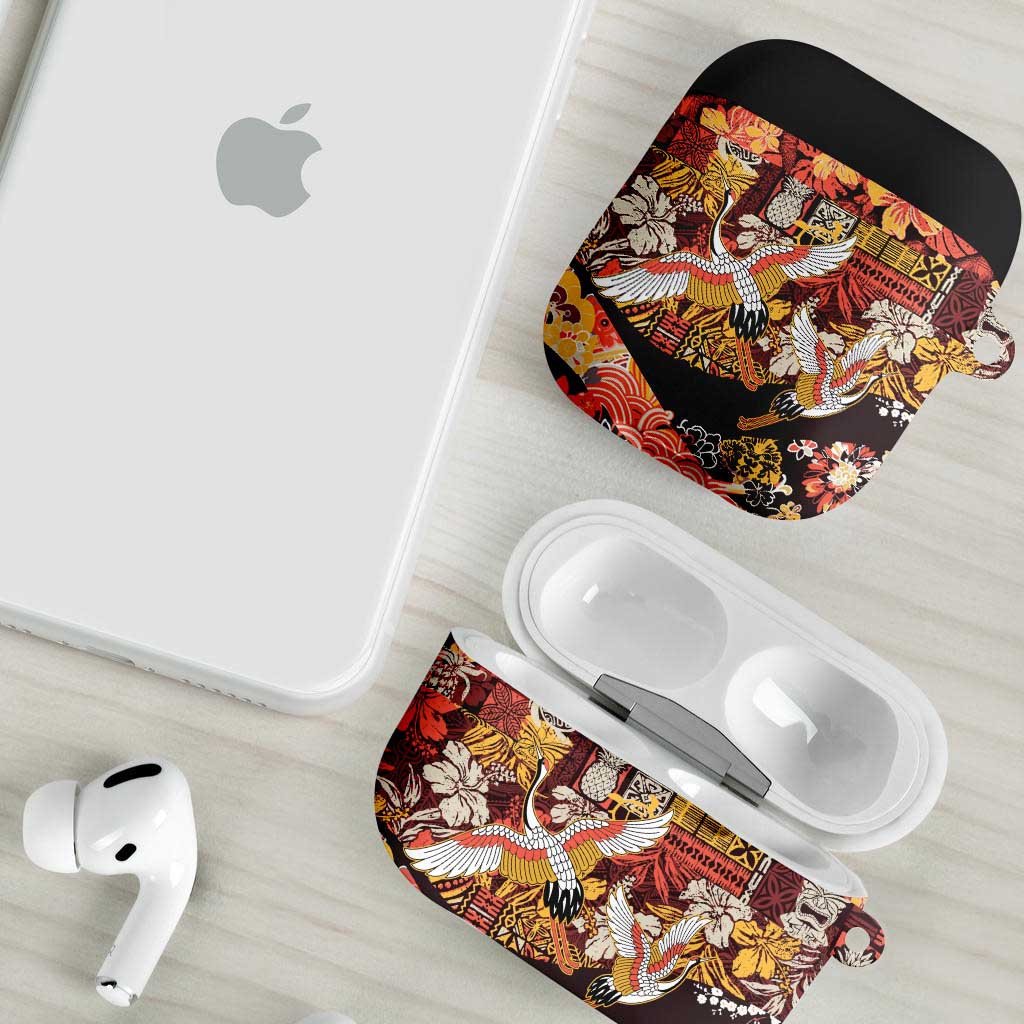 Japanese Hawaiian Crane AirPods Case Yellow Ochre Tapa Patchwork Pattern