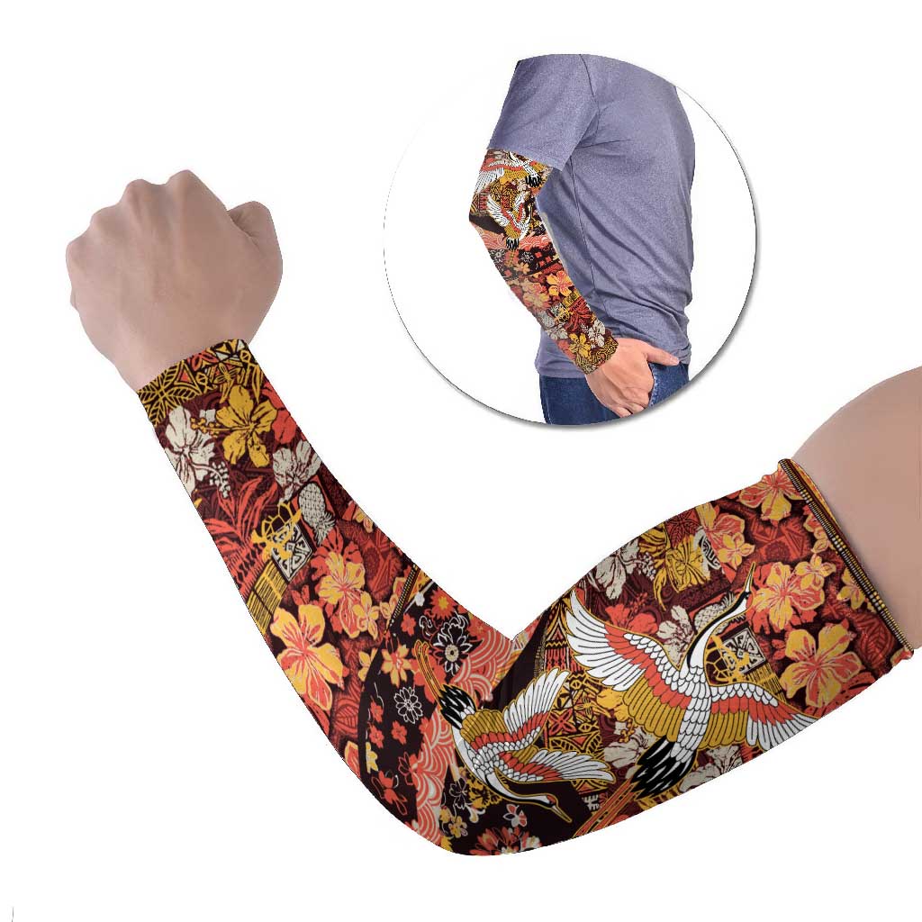 Japanese Hawaiian Crane Arm Sleeves Yellow Ochre Tapa Patchwork Pattern