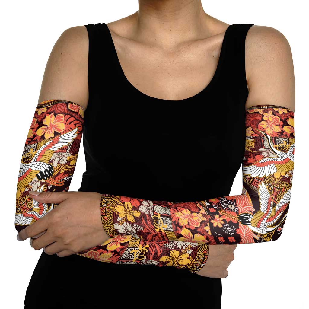 Japanese Hawaiian Crane Arm Sleeves Yellow Ochre Tapa Patchwork Pattern