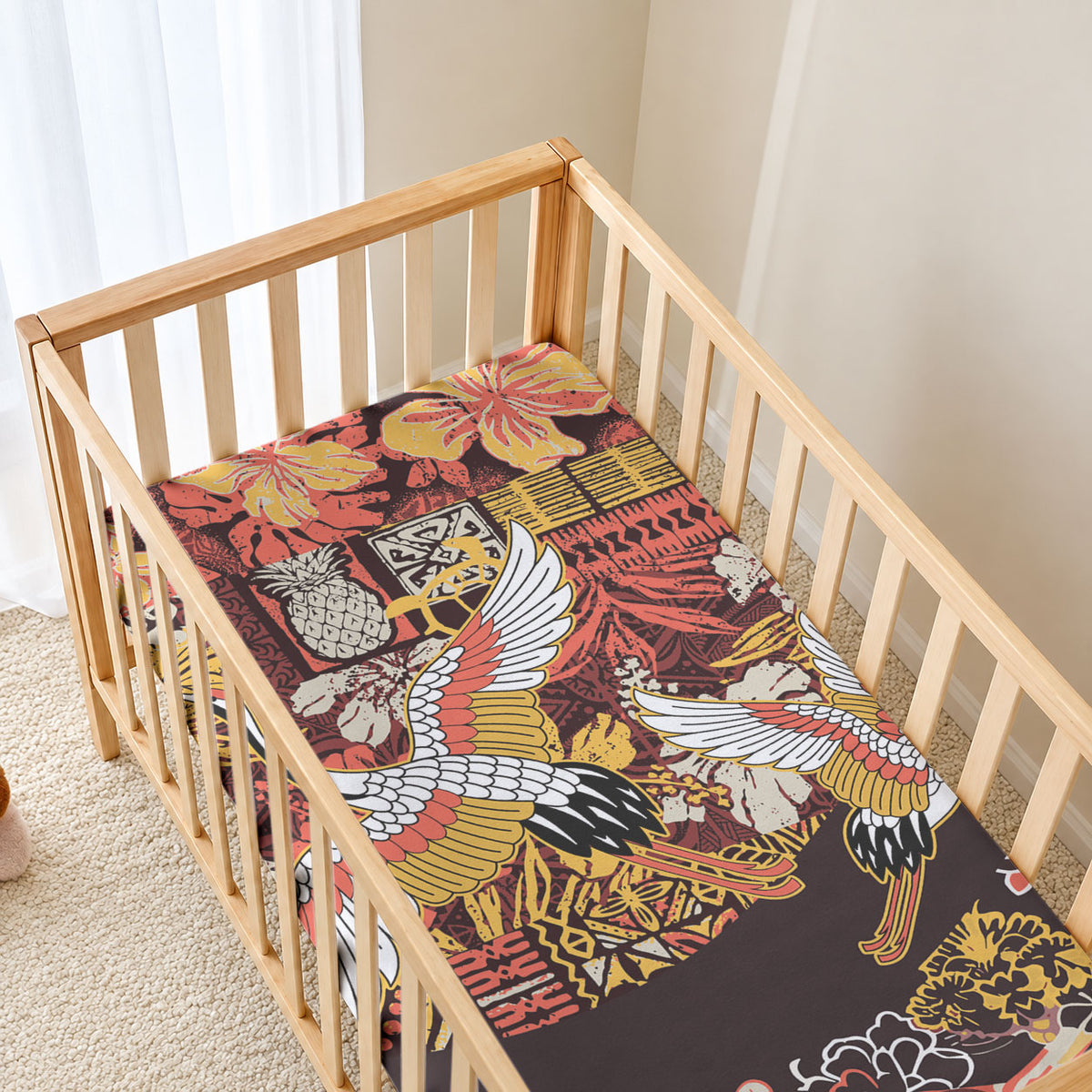 Japanese Hawaiian Crane Baby Bed Cover Yellow Ochre Tapa Patchwork Pattern LT9 - Polynesian Pride