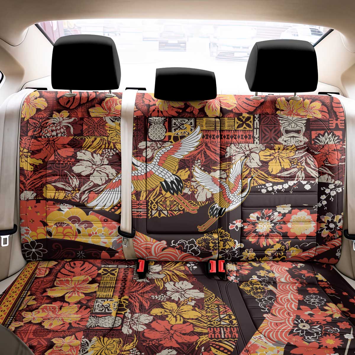 Japanese Hawaiian Crane Back Car Seat Cover Yellow Ochre Tapa Patchwork Pattern