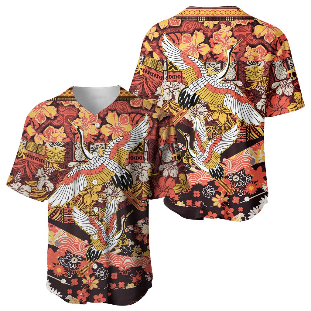 Japanese Hawaiian Crane Baseball Jersey Yellow Ochre Tapa Patchwork Pattern