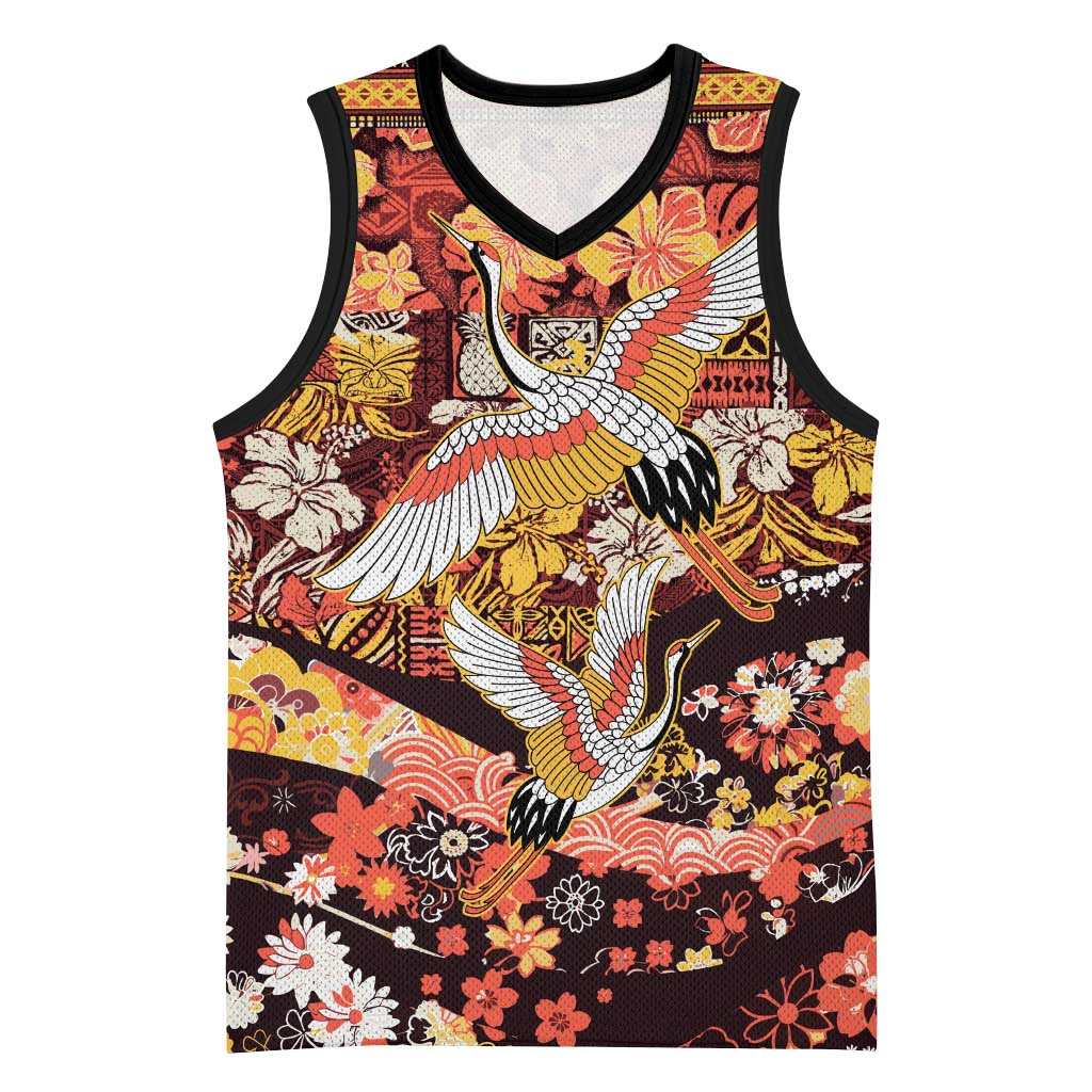 Japanese Hawaiian Crane Basketball Jersey Yellow Ochre Tapa Patchwork Pattern