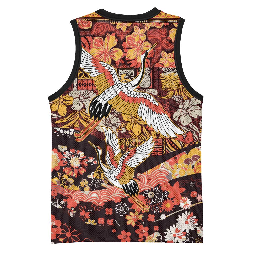 Japanese Hawaiian Crane Basketball Jersey Yellow Ochre Tapa Patchwork Pattern