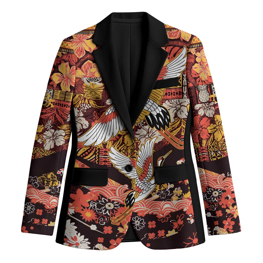 Japanese Hawaiian Crane Blazer Yellow Ochre Tapa Patchwork Pattern