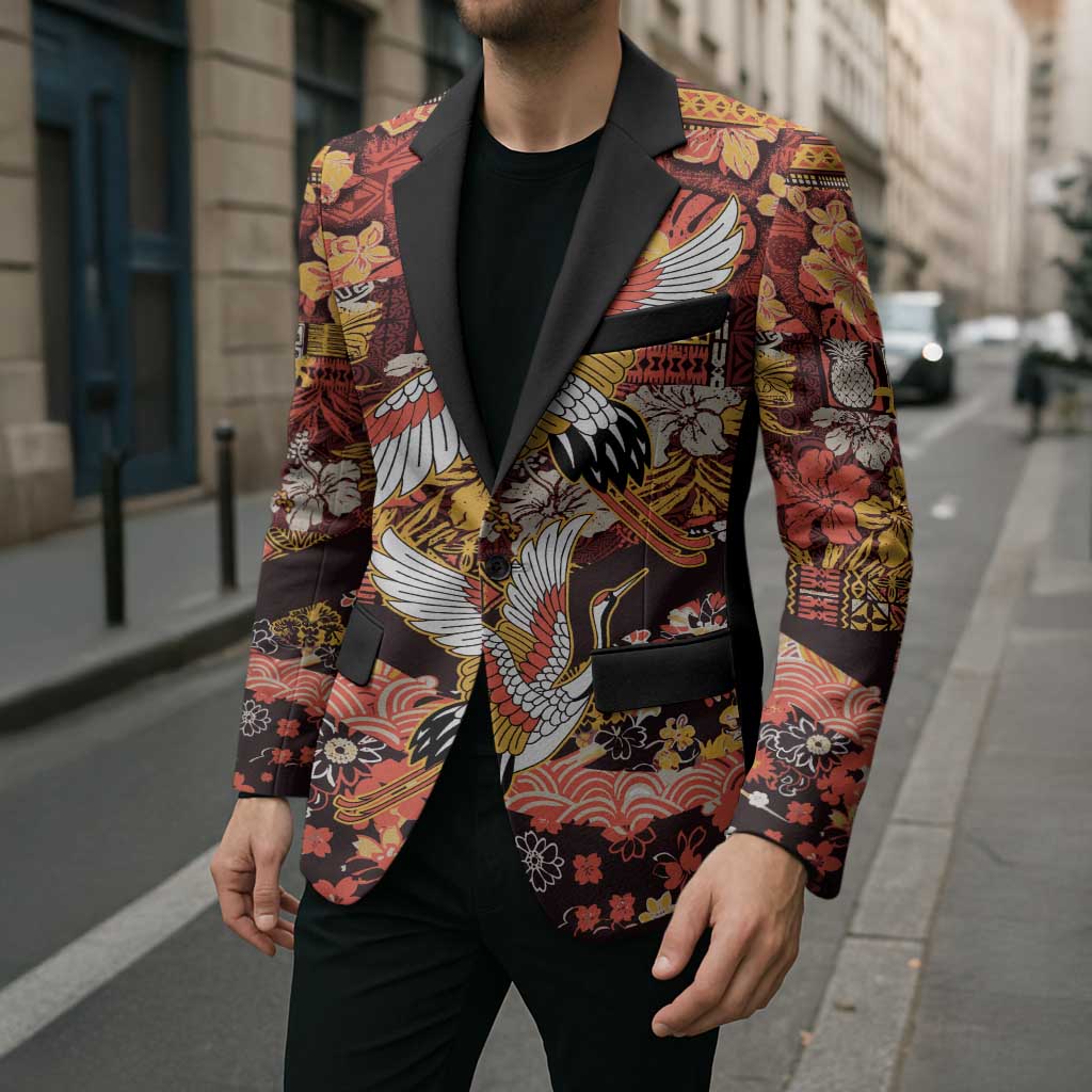 Japanese Hawaiian Crane Blazer Yellow Ochre Tapa Patchwork Pattern