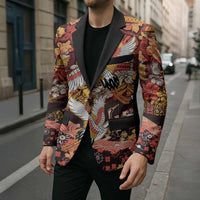 Japanese Hawaiian Crane Blazer Yellow Ochre Tapa Patchwork Pattern