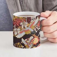 Japanese Hawaiian Crane Ceramic Mug Yellow Ochre Tapa Patchwork Pattern