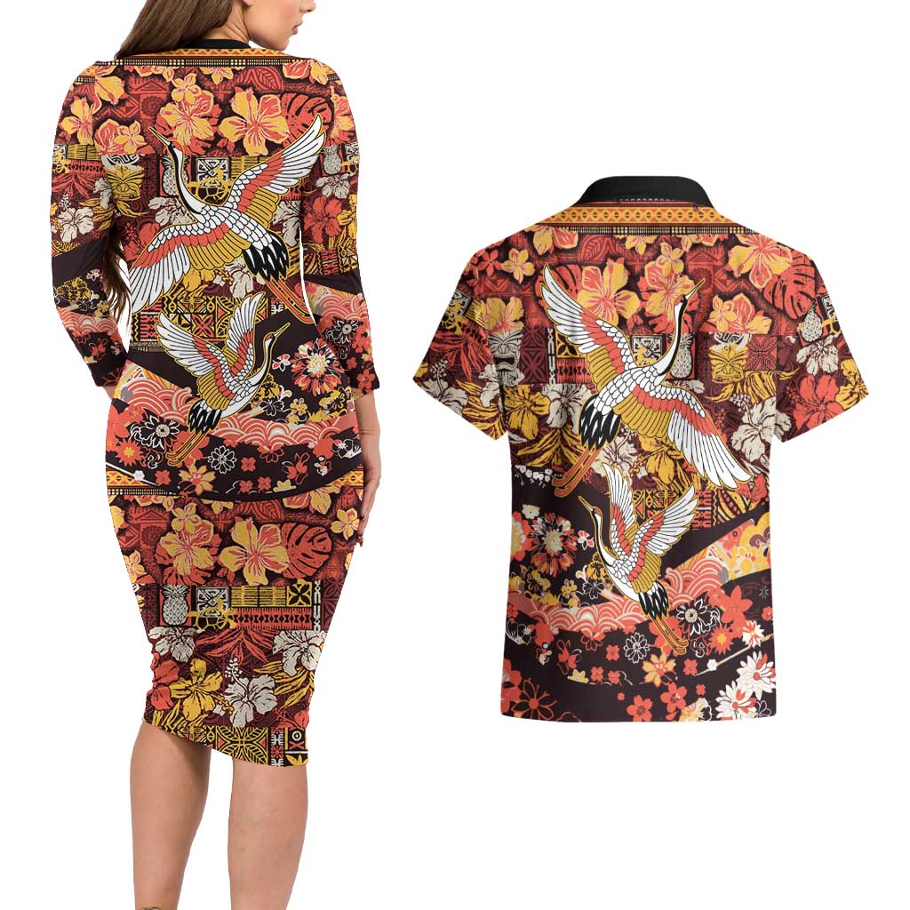 Japanese Hawaiian Crane Couples Matching Long Sleeve Bodycon Dress and Hawaiian Shirt Yellow Ochre Tapa Patchwork Pattern