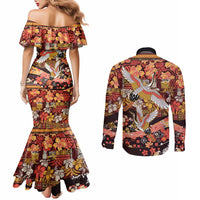 Japanese Hawaiian Crane Couples Matching Mermaid Dress and Long Sleeve Button Shirt Yellow Ochre Tapa Patchwork Pattern