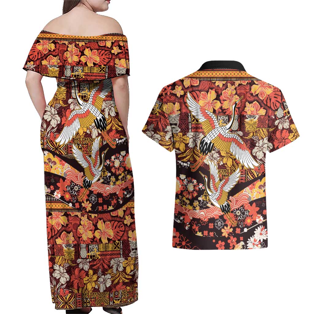 Japanese Hawaiian Crane Couples Matching Off Shoulder Maxi Dress and Hawaiian Shirt Yellow Ochre Tapa Patchwork Pattern