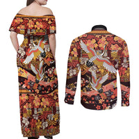 Japanese Hawaiian Crane Couples Matching Off Shoulder Maxi Dress and Long Sleeve Button Shirt Yellow Ochre Tapa Patchwork Pattern