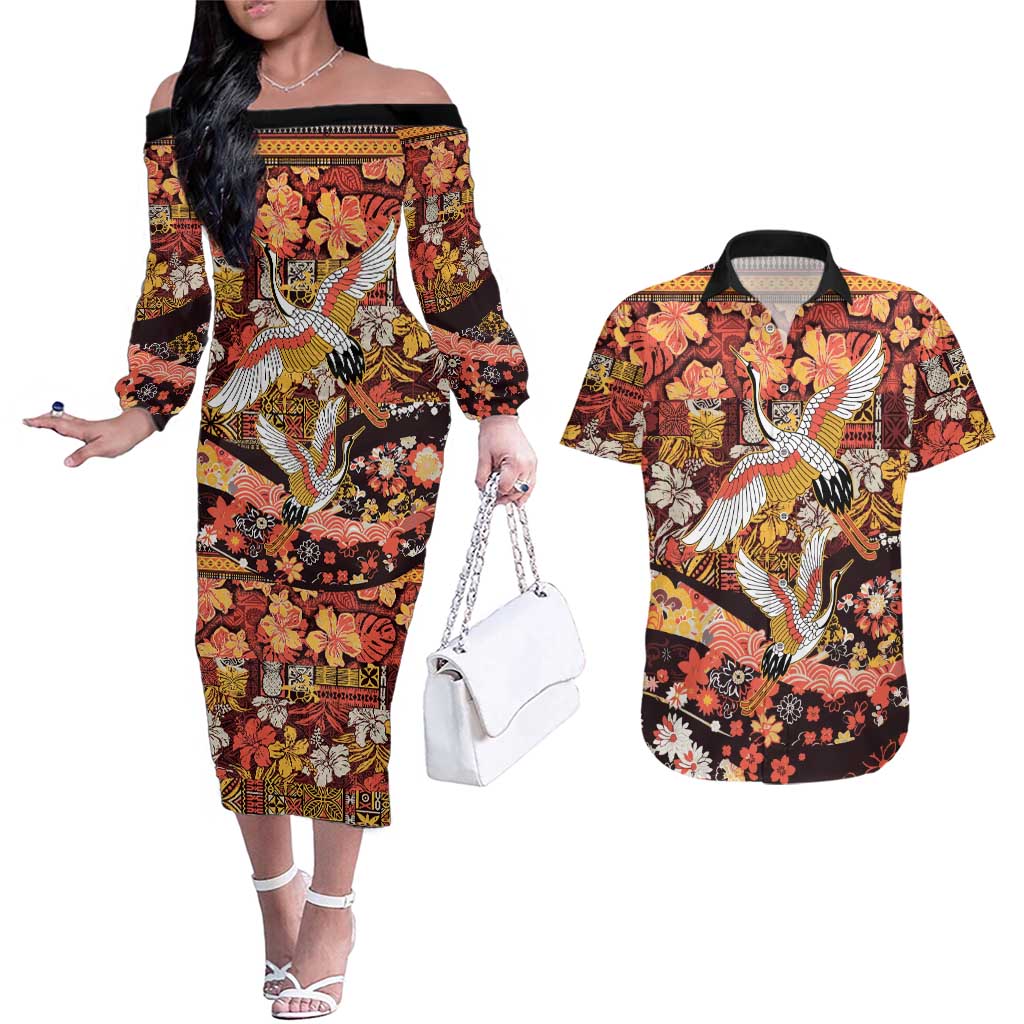 Japanese Hawaiian Crane Couples Matching Off The Shoulder Long Sleeve Dress and Hawaiian Shirt Yellow Ochre Tapa Patchwork Pattern