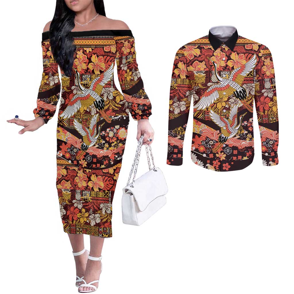 Japanese Hawaiian Crane Couples Matching Off The Shoulder Long Sleeve Dress and Long Sleeve Button Shirt Yellow Ochre Tapa Patchwork Pattern