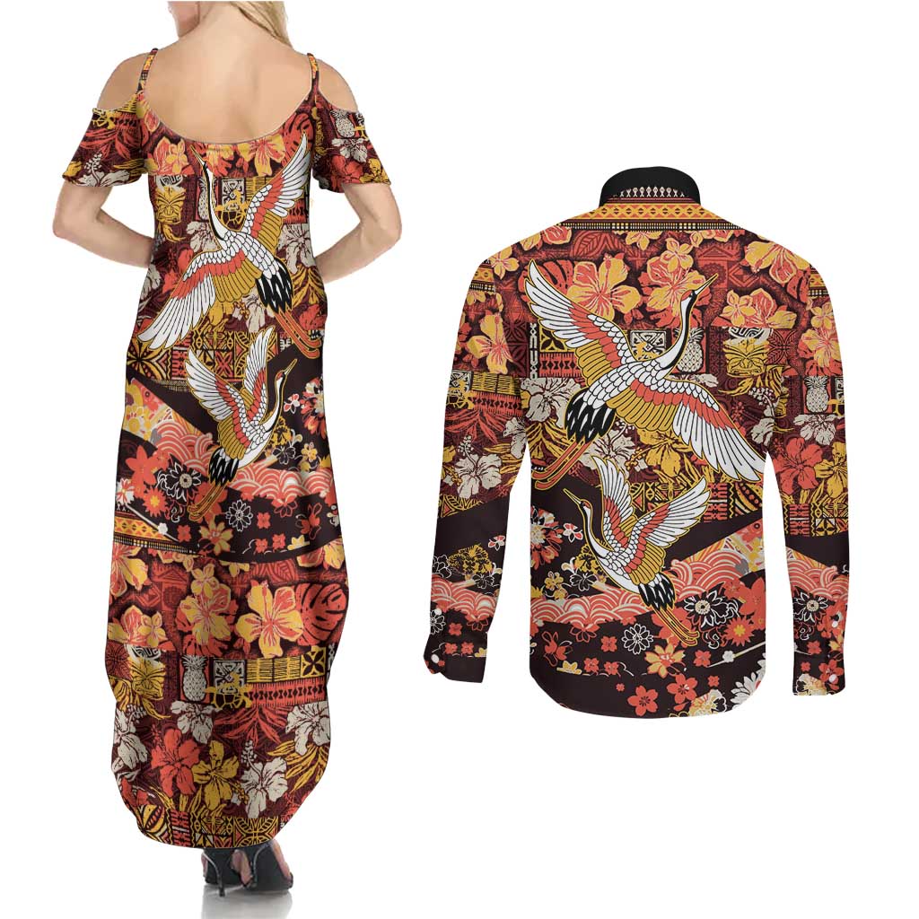 Japanese Hawaiian Crane Couples Matching Summer Maxi Dress and Long Sleeve Button Shirt Yellow Ochre Tapa Patchwork Pattern