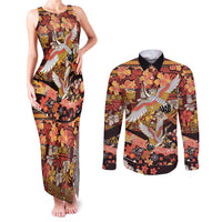 Japanese Hawaiian Crane Couples Matching Tank Maxi Dress and Long Sleeve Button Shirt Yellow Ochre Tapa Patchwork Pattern