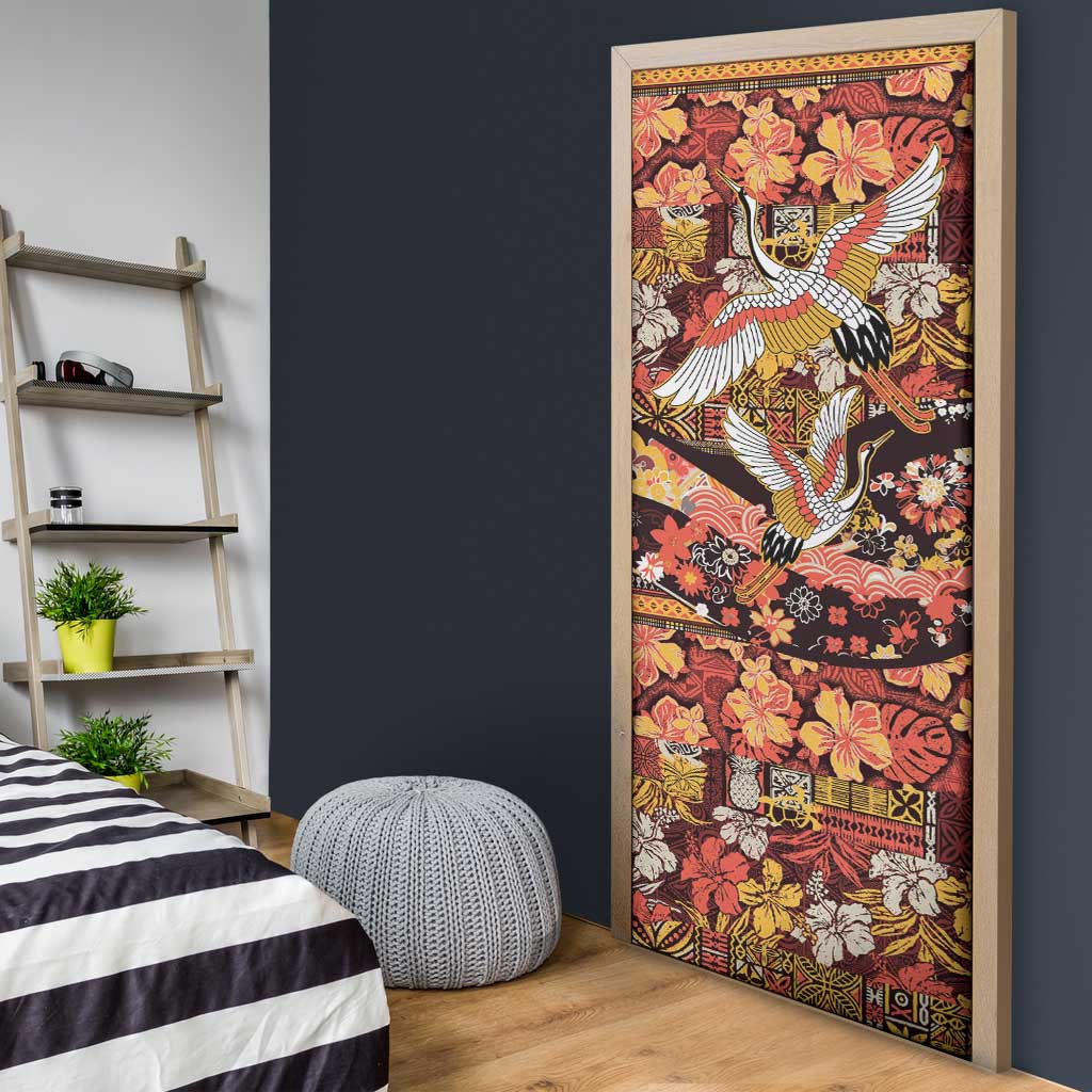 Japanese Hawaiian Crane Door Cover Yellow Ochre Tapa Patchwork Pattern