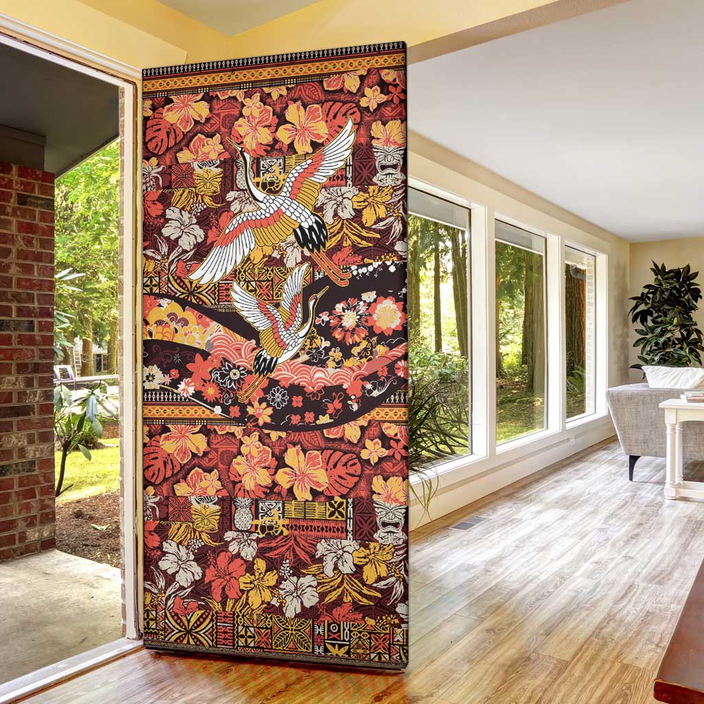 Japanese Hawaiian Crane Door Cover Yellow Ochre Tapa Patchwork Pattern