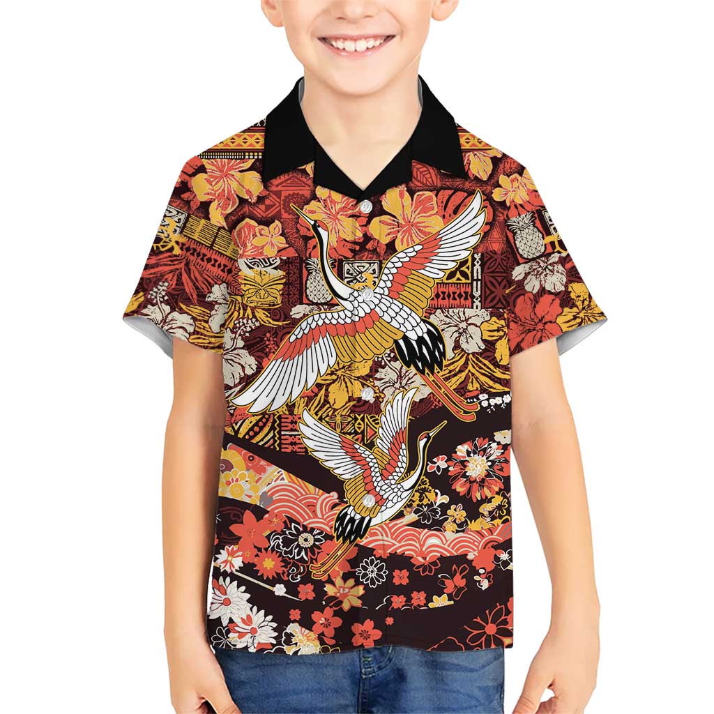Japanese Hawaiian Crane Family Matching Long Sleeve Bodycon Dress and Hawaiian Shirt Yellow Ochre Tapa Patchwork Pattern