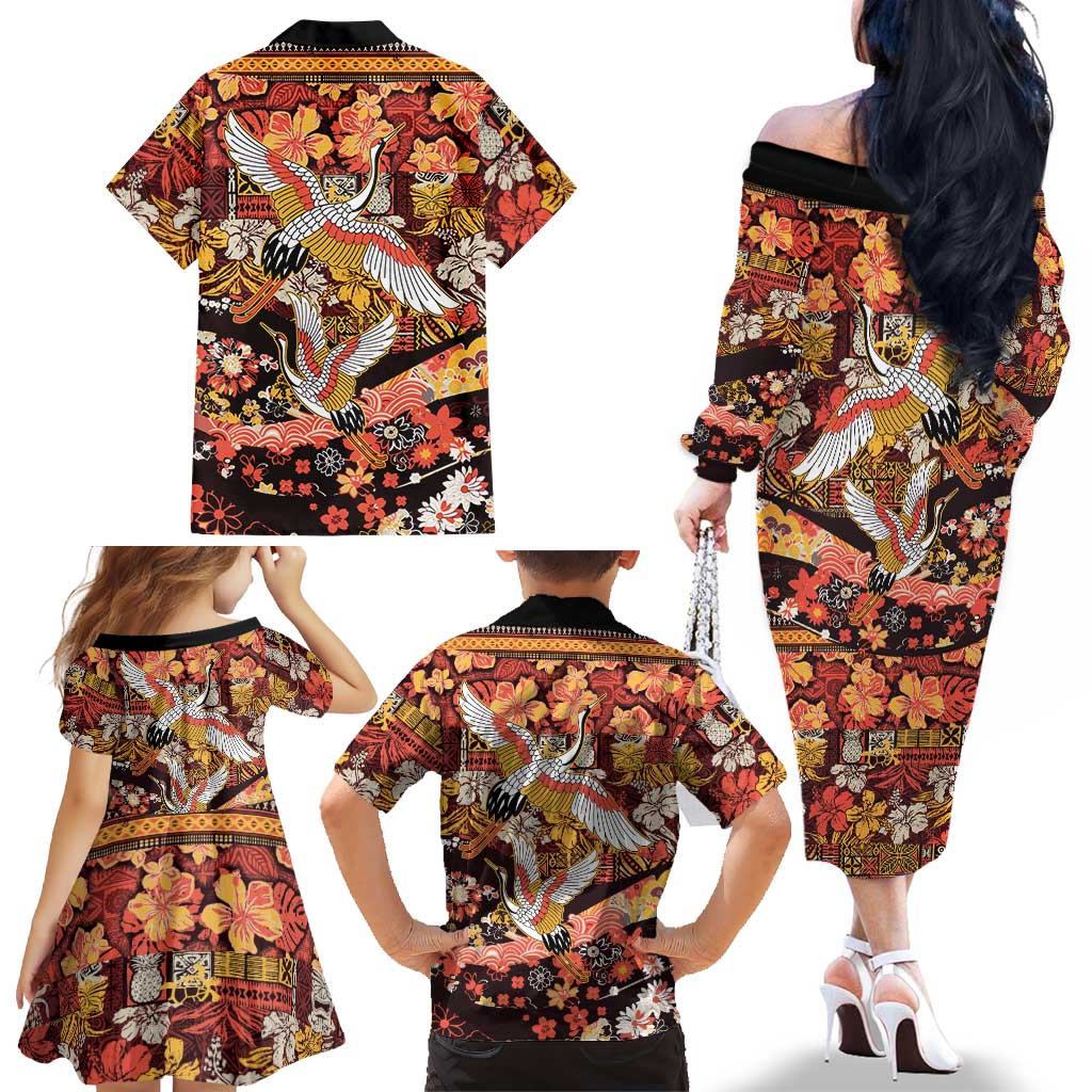 Japanese Hawaiian Crane Family Matching Off The Shoulder Long Sleeve Dress and Hawaiian Shirt Yellow Ochre Tapa Patchwork Pattern LT9 - Polynesian Pride